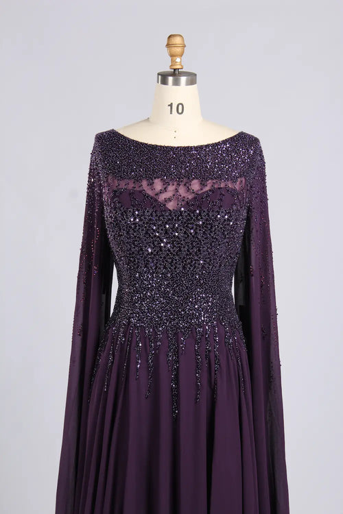 Dark purple beaded bodice A-line mother-of-the-bride dress with chiffon cape sleeves