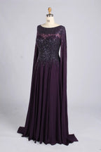 Dark Purple Beaded Cape Sleeves Chiffon A-Line Mother of the Bride Dress MC166