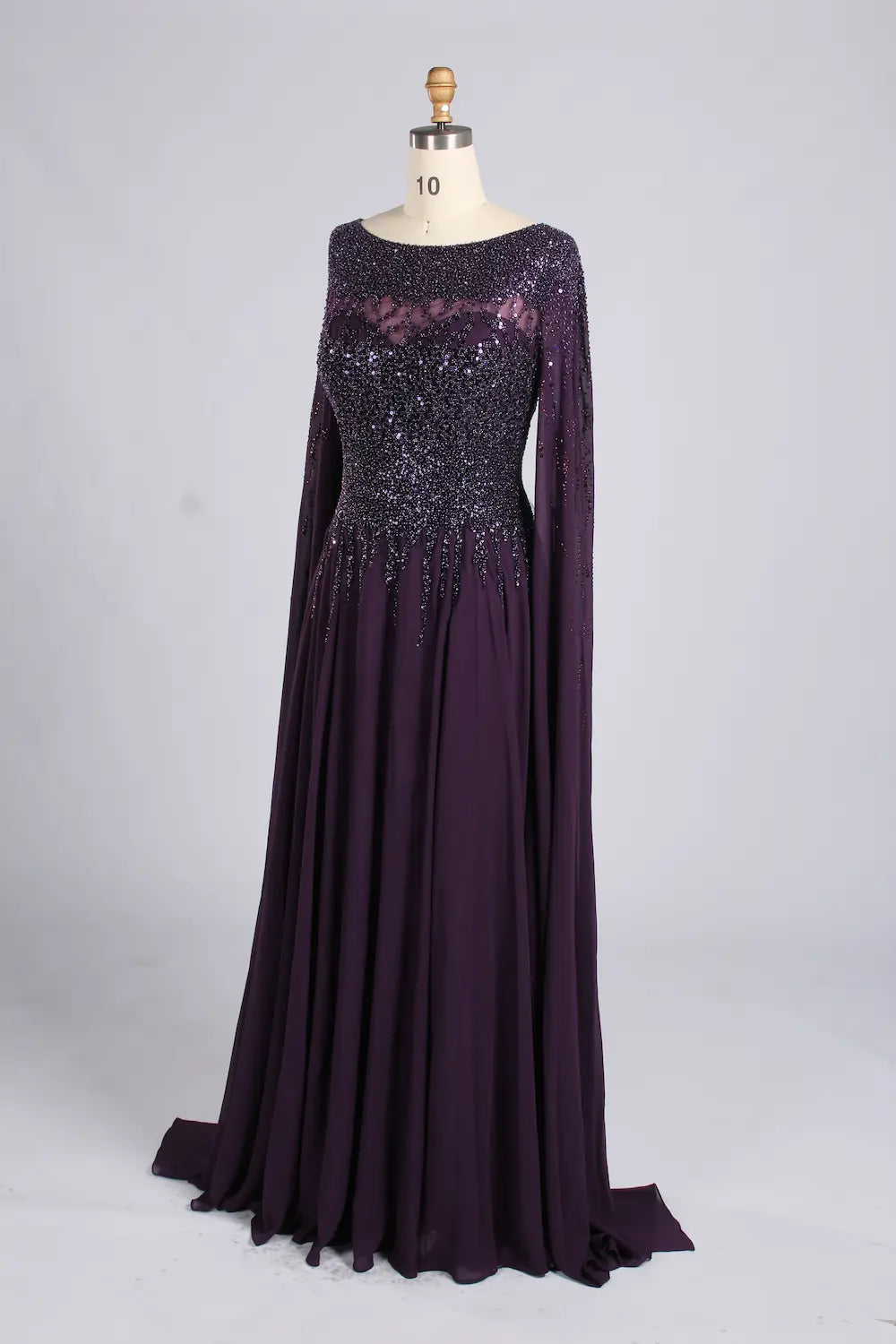 Dark Purple Beaded Cape Sleeves Chiffon A-Line Mother of the Bride Dress MC166