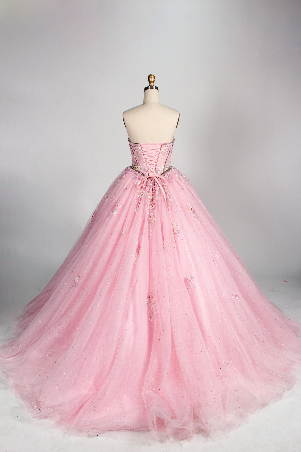 Wholesale Pink Quinceañera Dress Beaded Basque Waist Strapless Glitter Ball Gown 3377