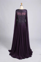 Dark Purple Beaded Cape Sleeves Chiffon A-Line Mother of the Bride Dress MC166