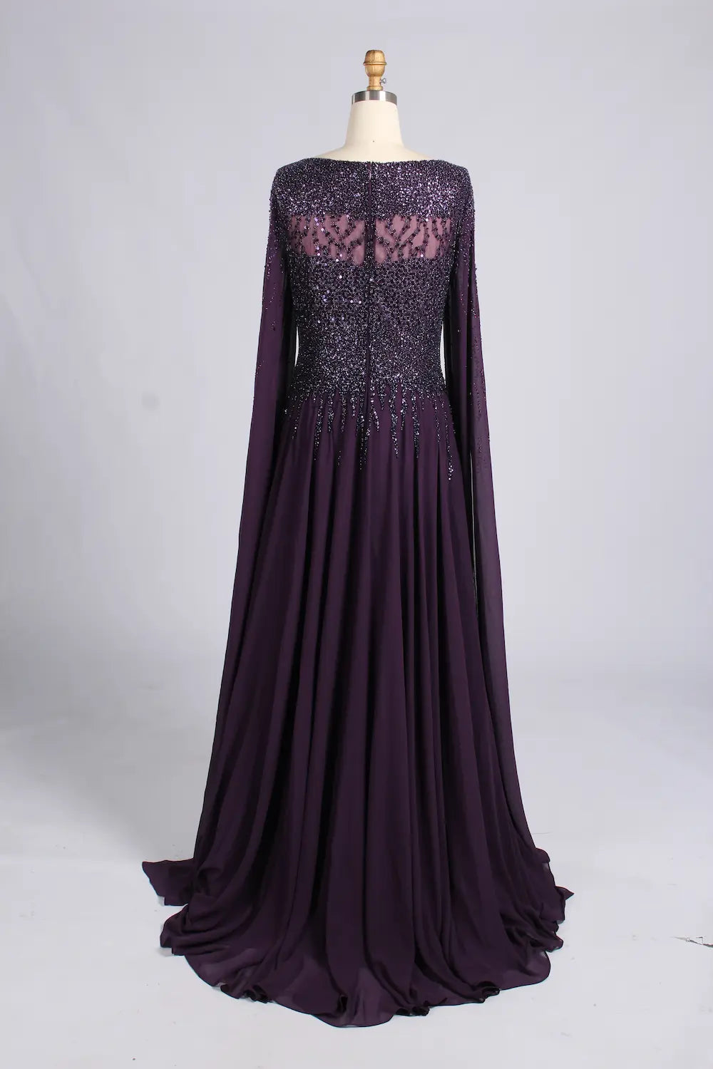 Dark Purple Beaded Cape Sleeves Chiffon A-Line Mother of the Bride Dress MC166