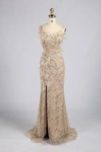 Elegant Champagne Long Beaded Sequin Slit Evening Dress MC181