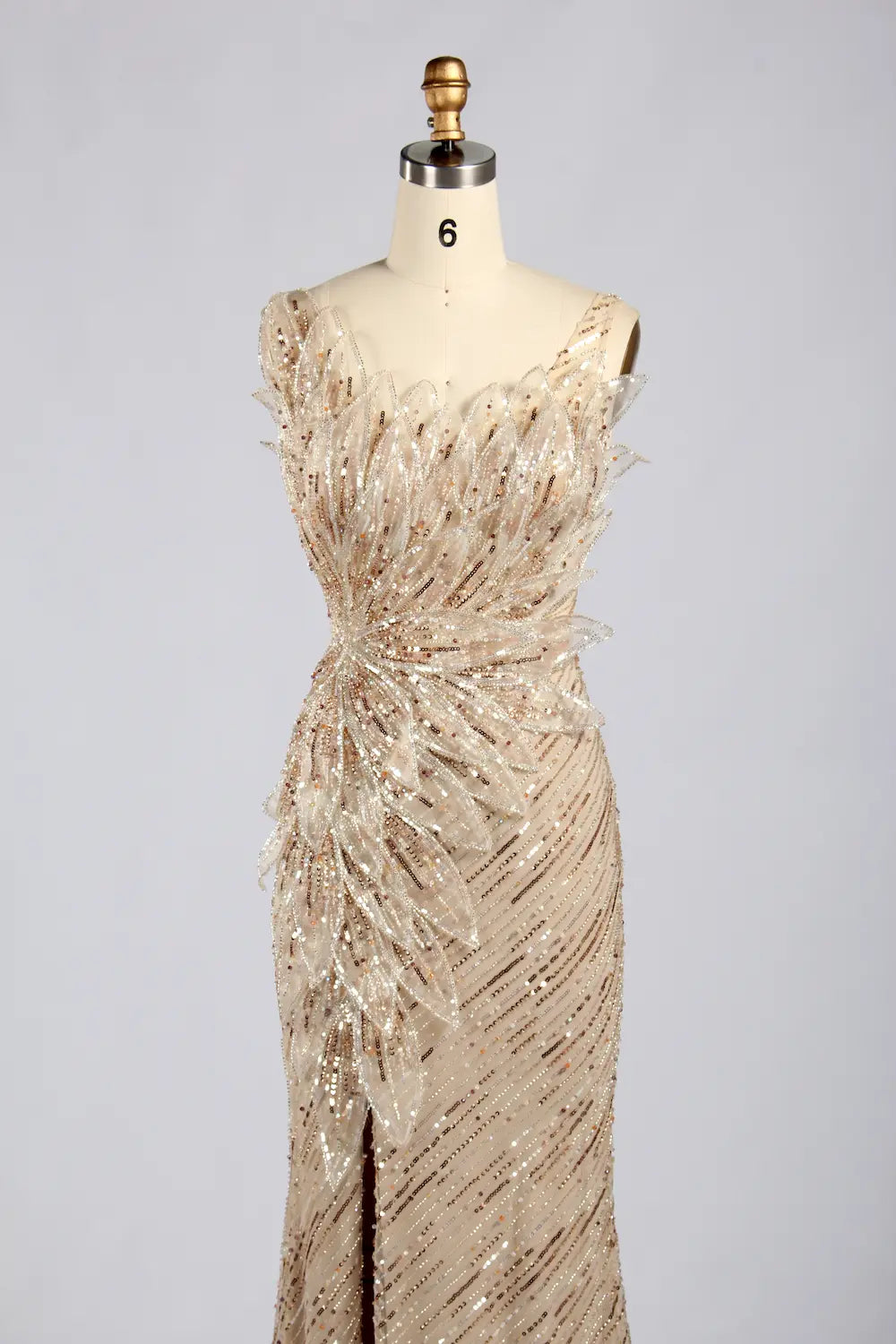 Elegant Champagne Long Beaded Sequin Slit Evening Dress MC181