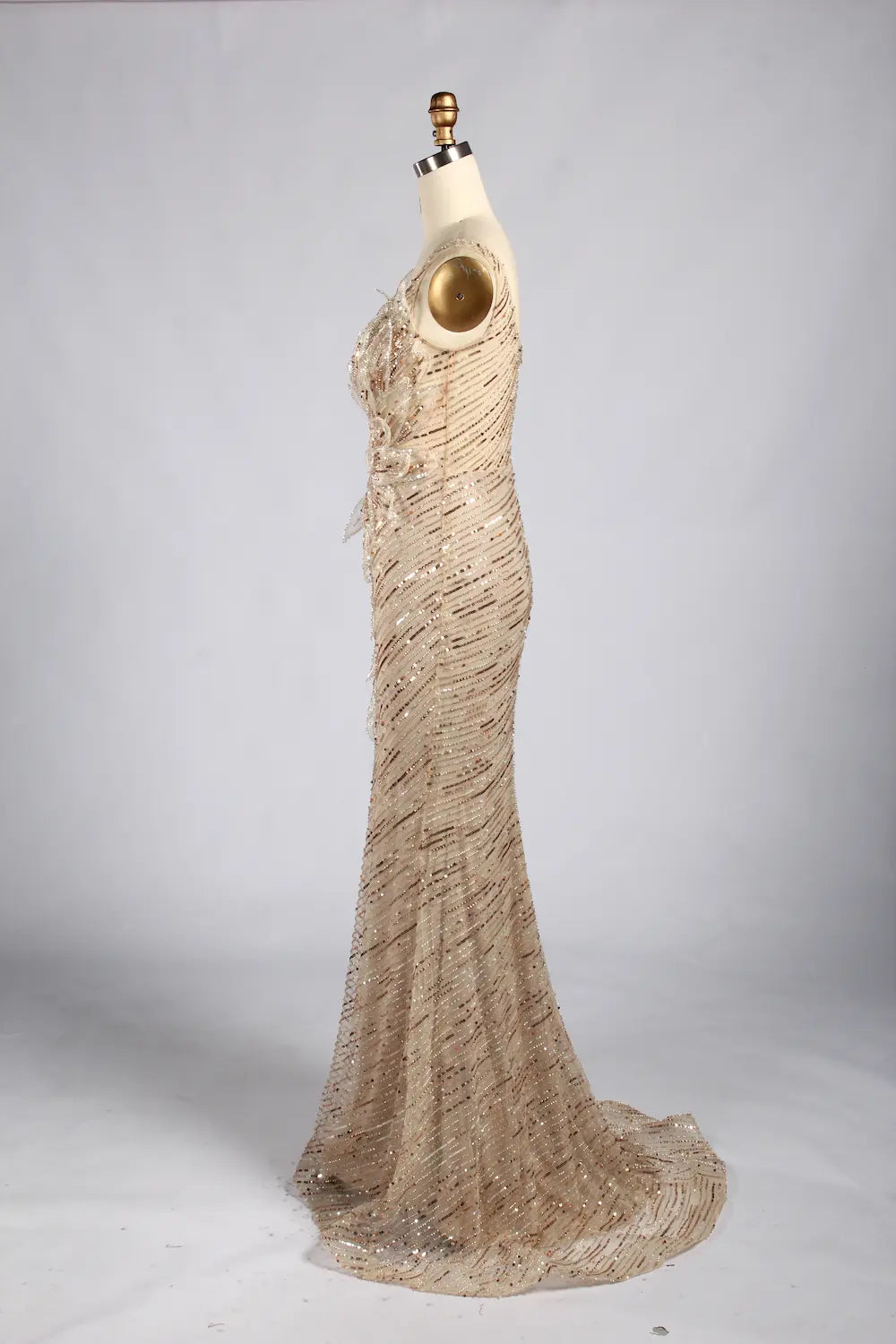 Elegant Champagne Long Beaded Sequin Slit Evening Dress MC181