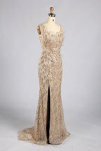 Elegant Champagne Long Beaded Sequin Slit Evening Dress MC181