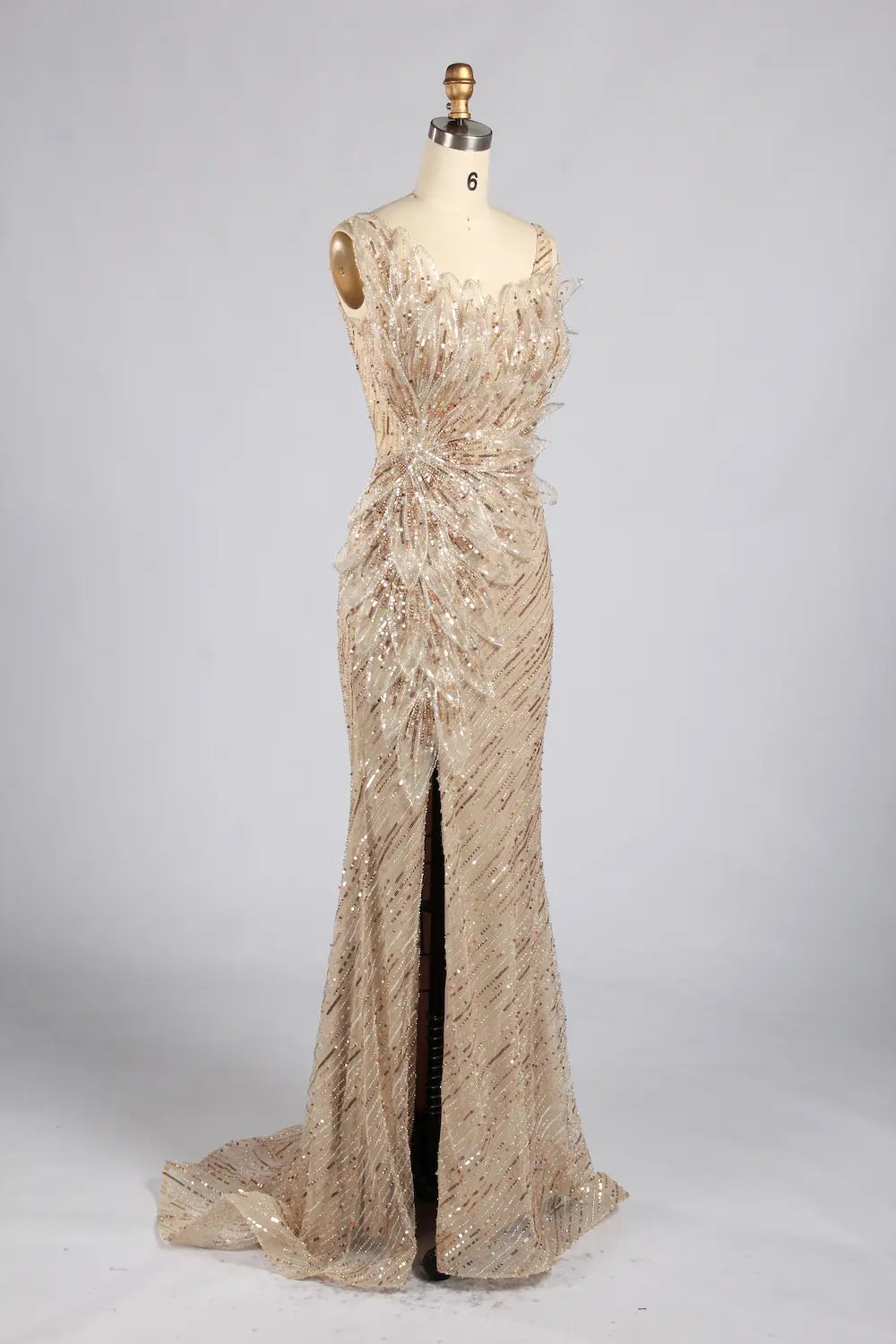 Elegant Champagne Long Beaded Sequin Slit Evening Dress MC181