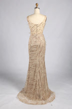 Elegant Champagne Long Beaded Sequin Slit Evening Dress MC181