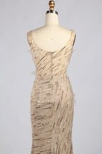 Elegant Champagne Long Beaded Sequin Slit Evening Dress MC181