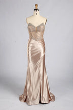 Champagne Beaded Strapless Satin Slit Mermaid Evening Gown MC185