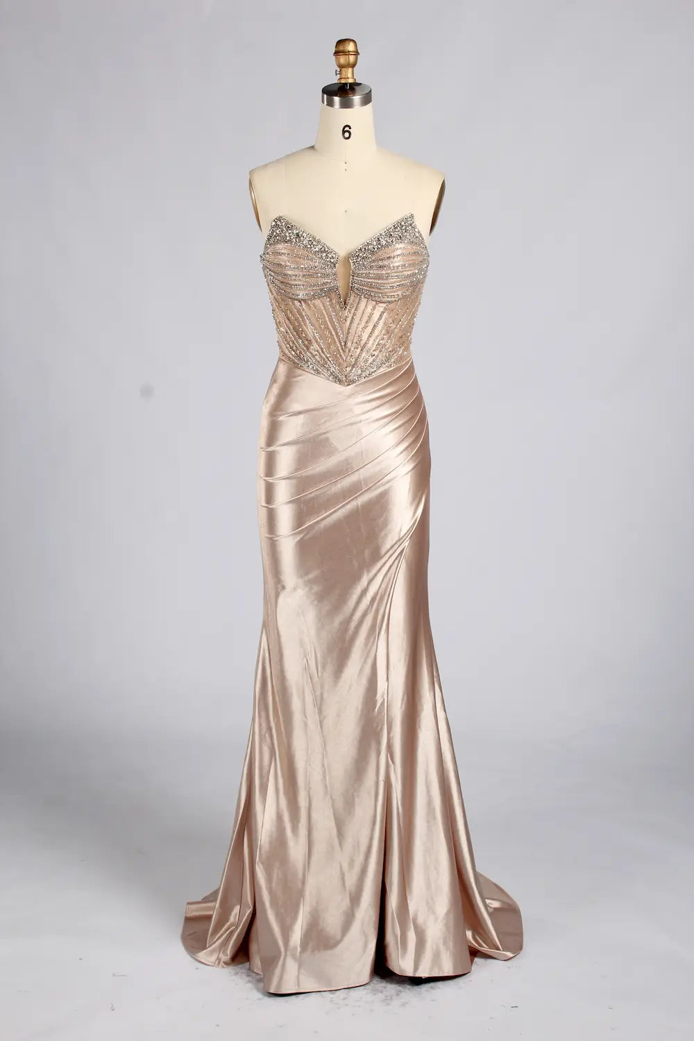 Champagne Beaded Strapless Satin Slit Mermaid Evening Gown MC185