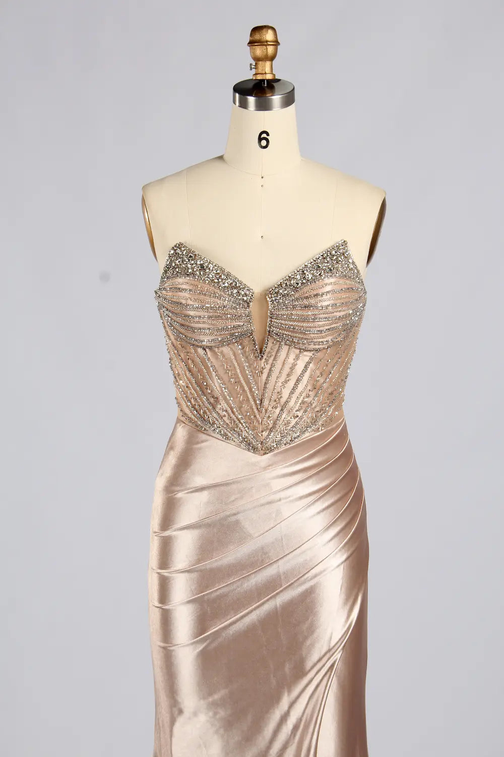 Champagne Beaded Strapless Satin Slit Mermaid Evening Gown MC185