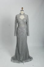 Beaded Fit-and-Flare Mother of the Bride Dress with Long Sleeves MK097