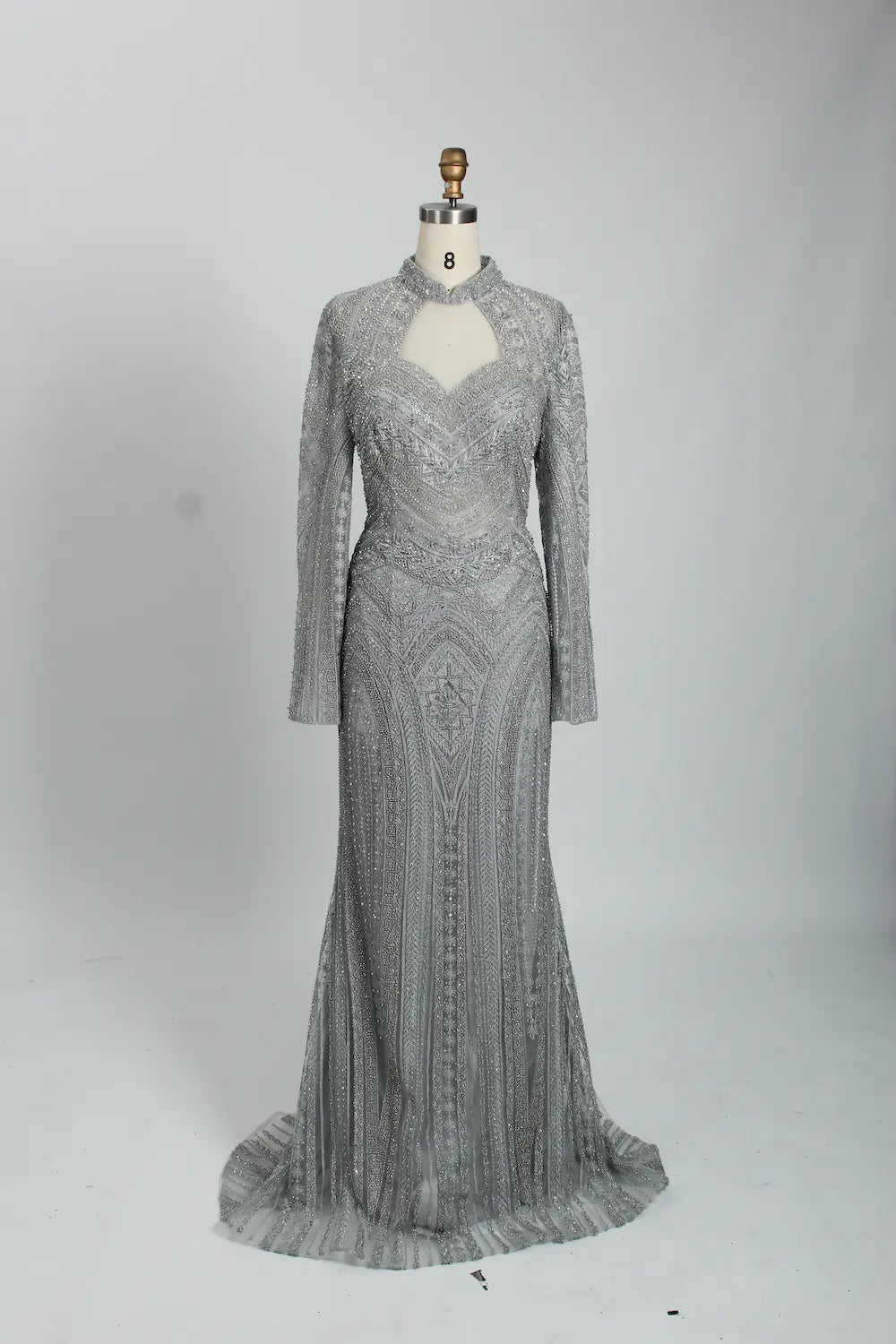 Beaded Fit-and-Flare Mother of the Bride Dress with Long Sleeves MK097