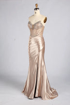 Champagne Beaded Strapless Satin Slit Mermaid Evening Gown MC185