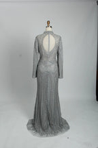 Beaded Fit-and-Flare Mother of the Bride Dress with Long Sleeves MK097