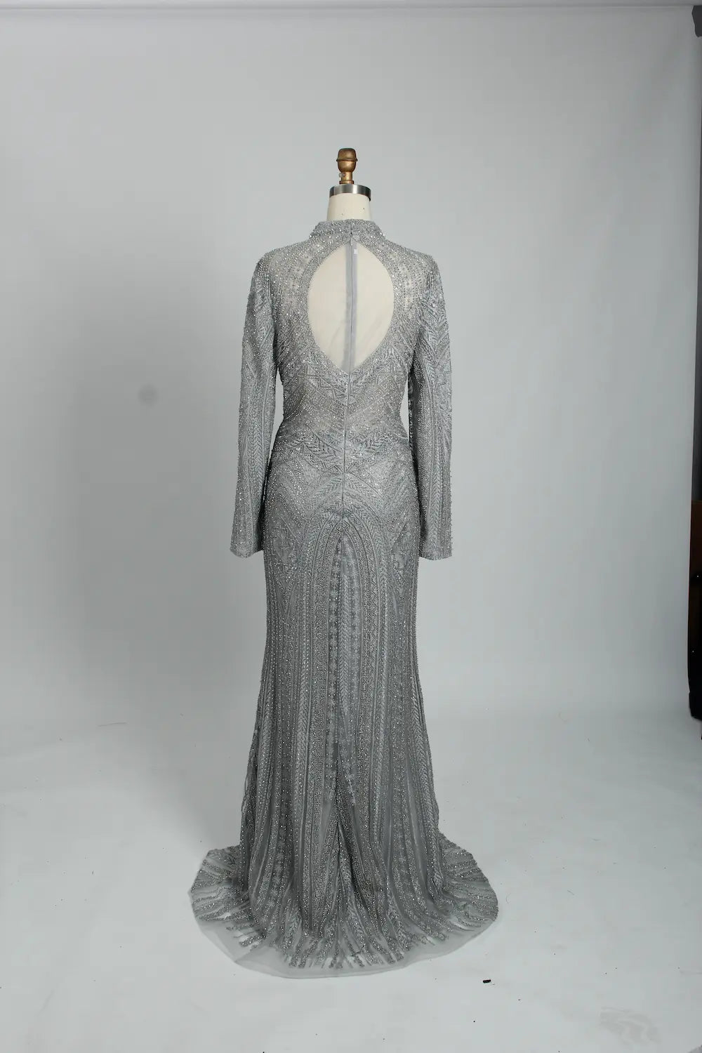Beaded Fit-and-Flare Mother of the Bride Dress with Long Sleeves MK097