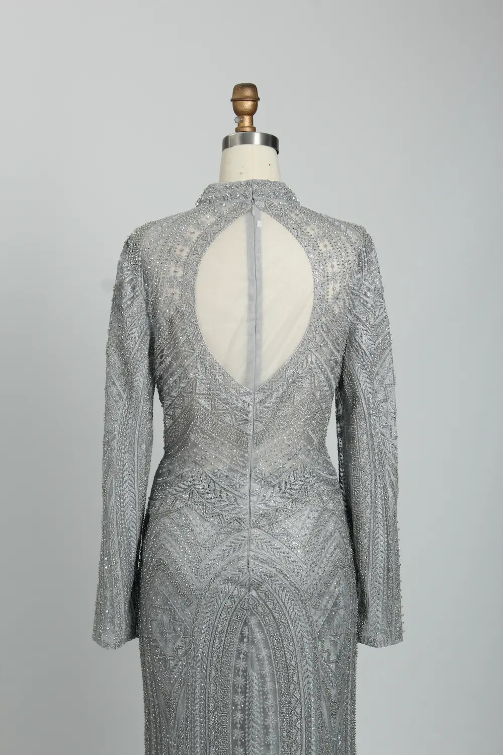 Beaded Fit-and-Flare Mother of the Bride Dress with Long Sleeves MK097