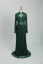 Beaded Fit-and-Flare Mother of the Bride Dress with Long Sleeves MK097
