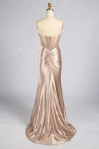Champagne Beaded Strapless Satin Slit Mermaid Evening Gown MC185