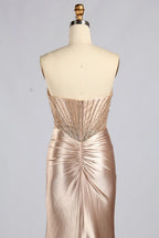 Champagne Beaded Strapless Satin Slit Mermaid Evening Gown MC185