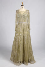 Elegant Sage Green Long-Sleeve Beaded A-Line Mother of the Groom Dress MC180