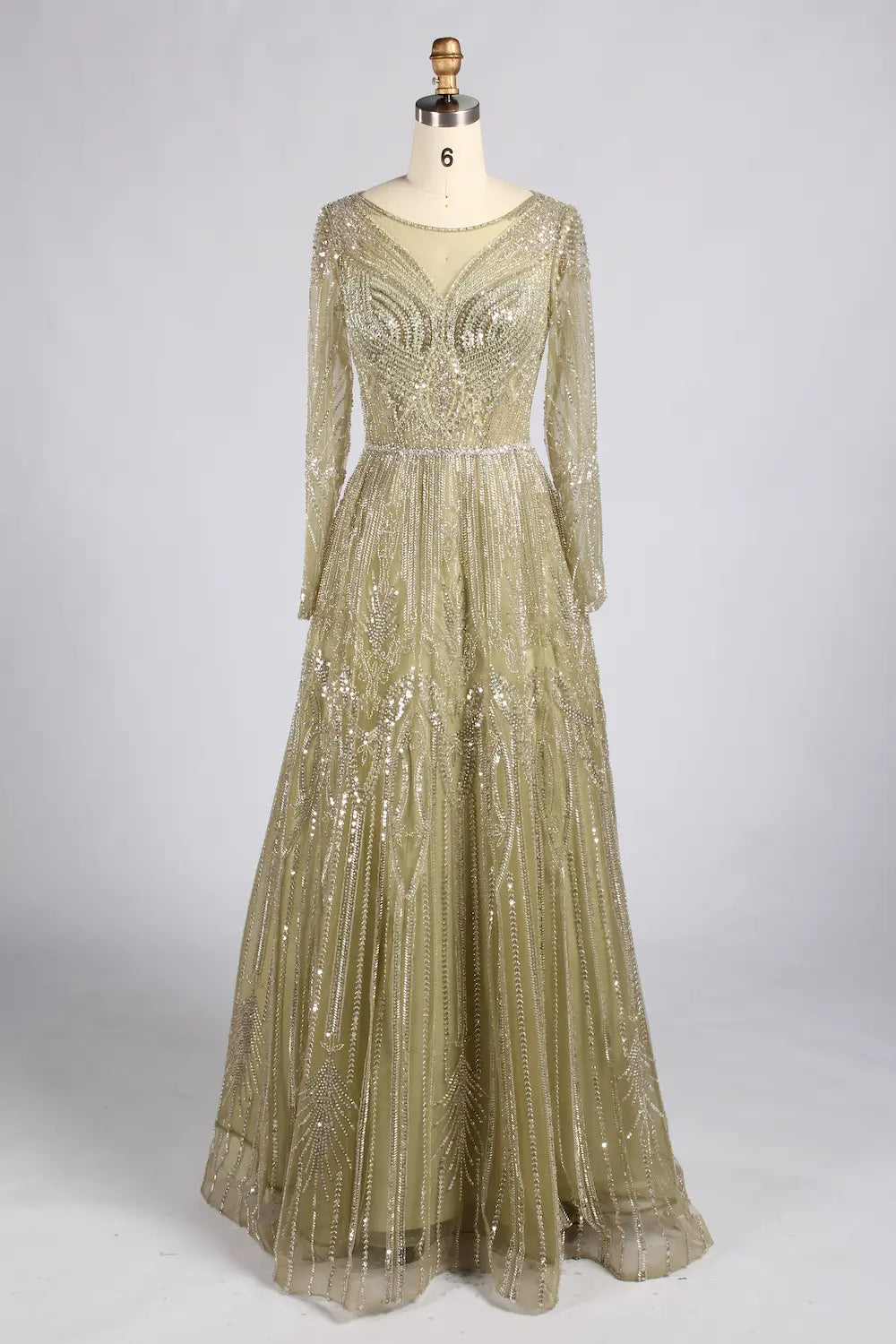 Elegant Sage Green Long-Sleeve Beaded A-Line Mother of the Groom Dress MC180