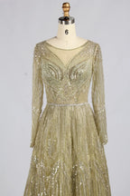 Elegant Sage Green Long-Sleeve Beaded A-Line Mother of the Groom Dress MC180