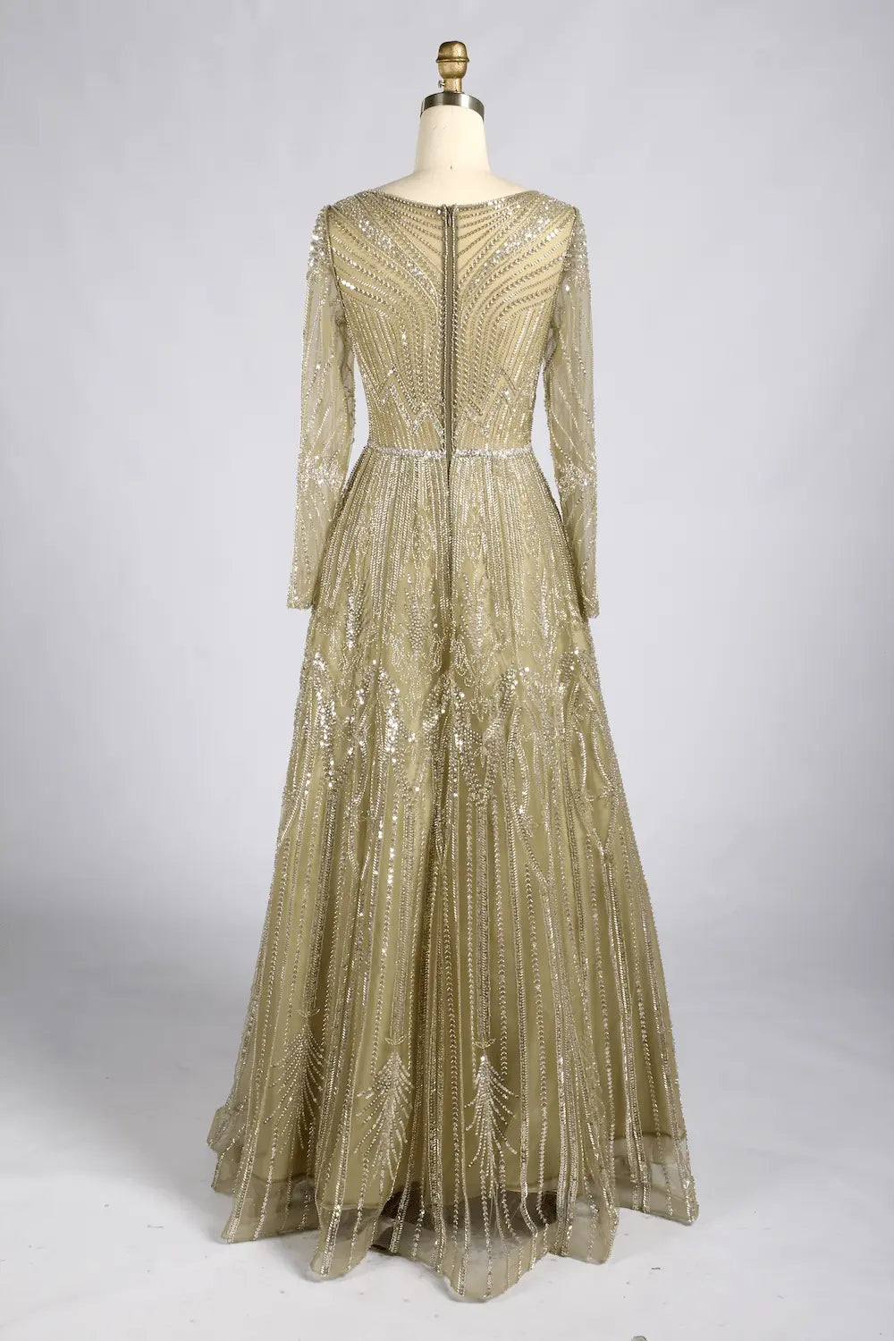 Elegant Sage Green Long-Sleeve Beaded A-Line Mother of the Groom Dress MC180