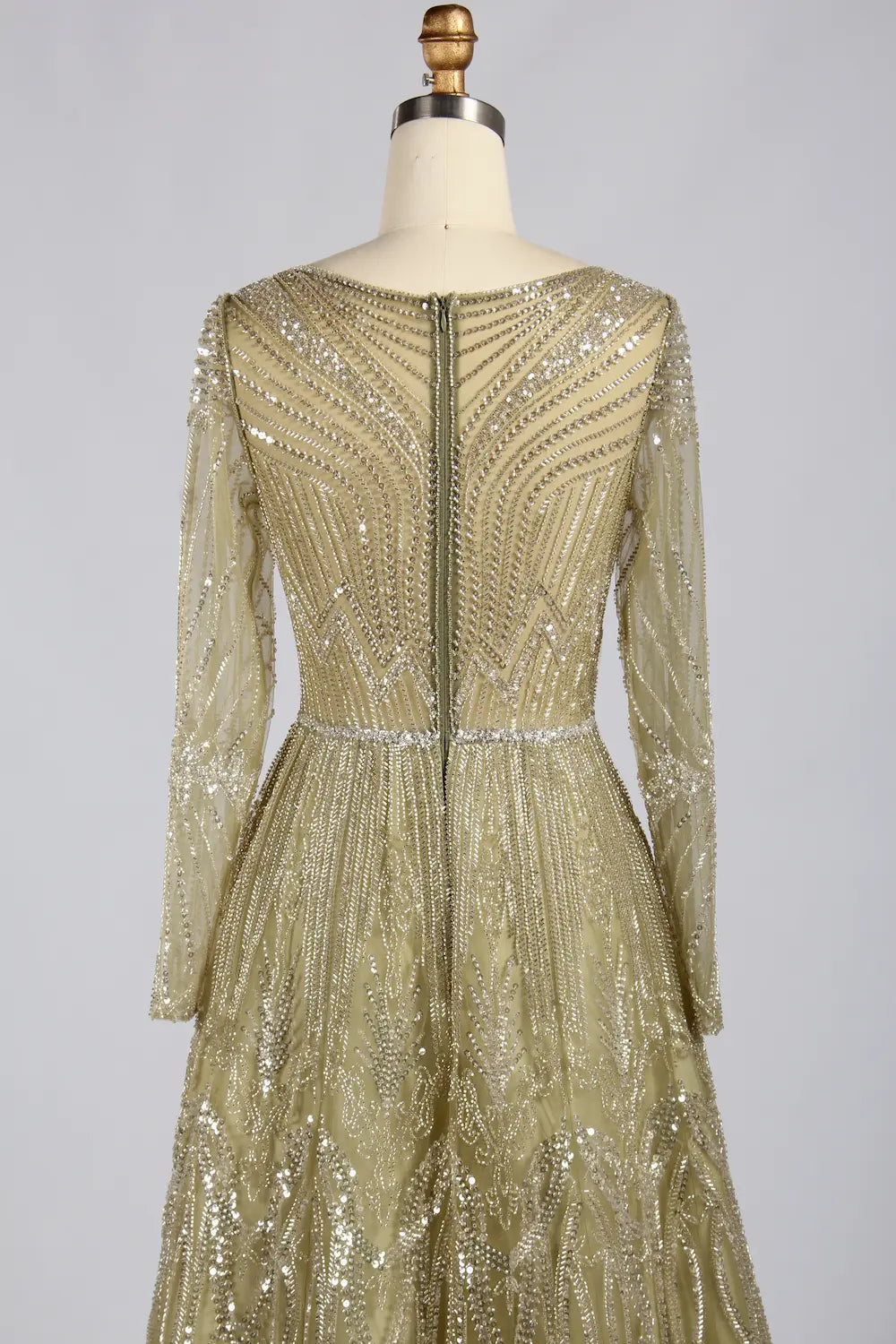 Elegant Sage Green Long-Sleeve Beaded A-Line Mother of the Groom Dress MC180