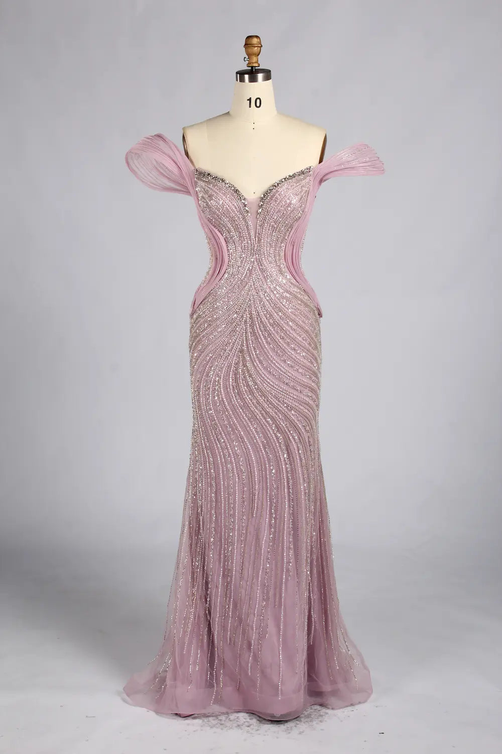 Blush off-shoulder sequin mermaid gown with trumpet silhouette and mesh fabric