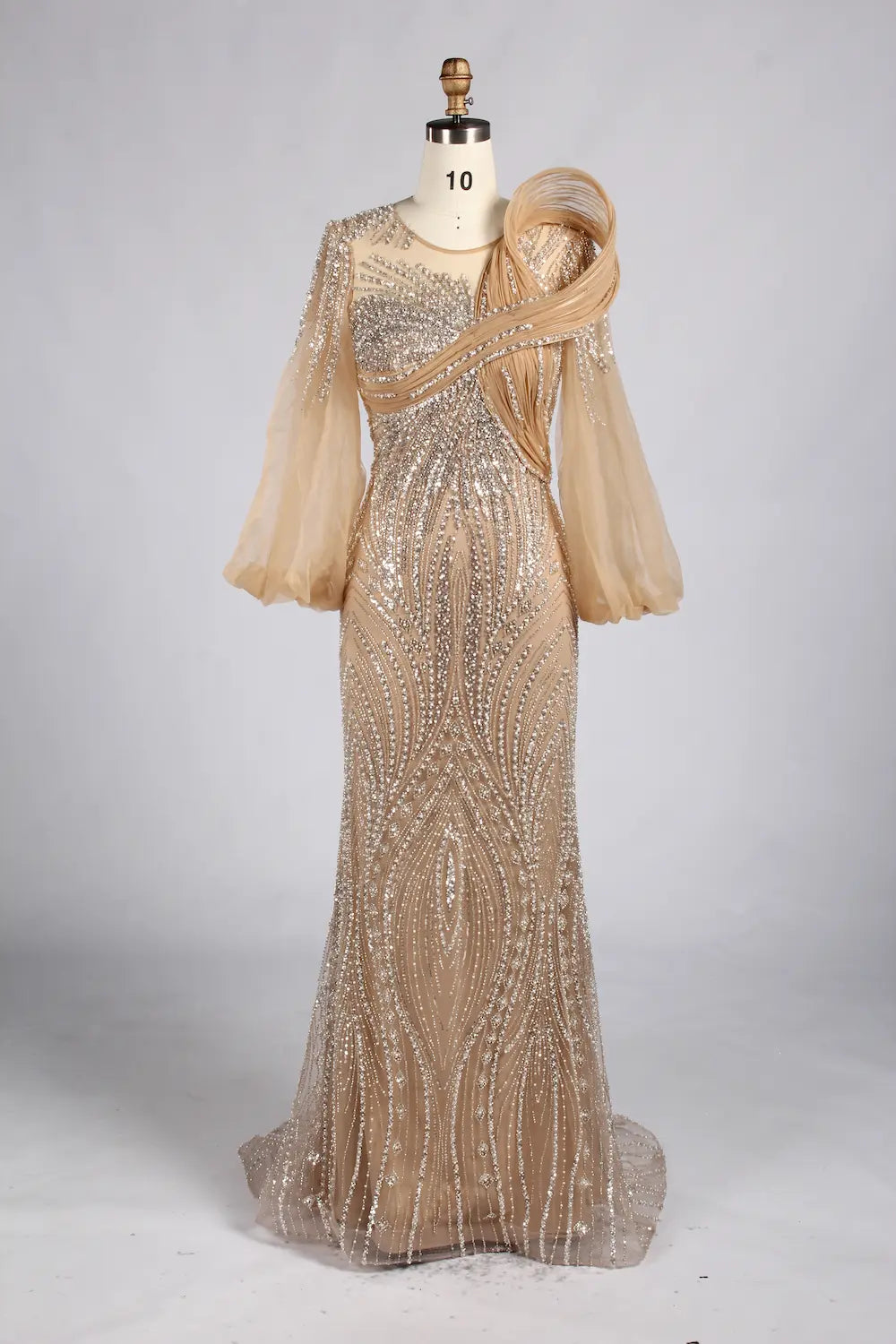 hampagne Gold Beaded Mermaid Evening Gown with Long Puff Sleeves MC183