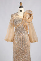 hampagne Gold Beaded Mermaid Evening Gown with Long Puff Sleeves MC183