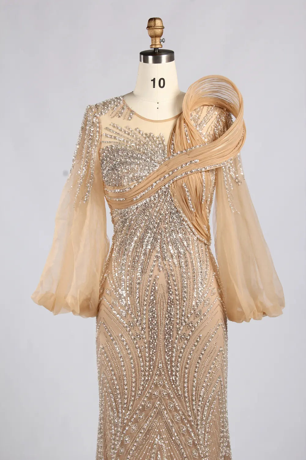 hampagne Gold Beaded Mermaid Evening Gown with Long Puff Sleeves MC183
