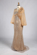 hampagne Gold Beaded Mermaid Evening Gown with Long Puff Sleeves MC183