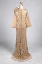 hampagne Gold Beaded Mermaid Evening Gown with Long Puff Sleeves MC183