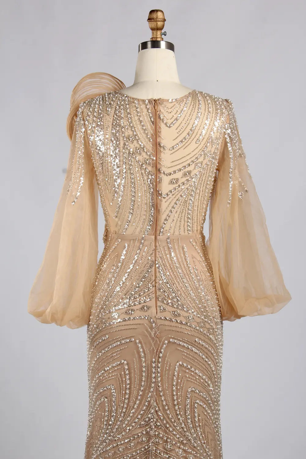 hampagne Gold Beaded Mermaid Evening Gown with Long Puff Sleeves MC183