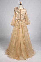 hampagne Gold Beaded Mermaid Evening Gown with Long Puff Sleeves MC183