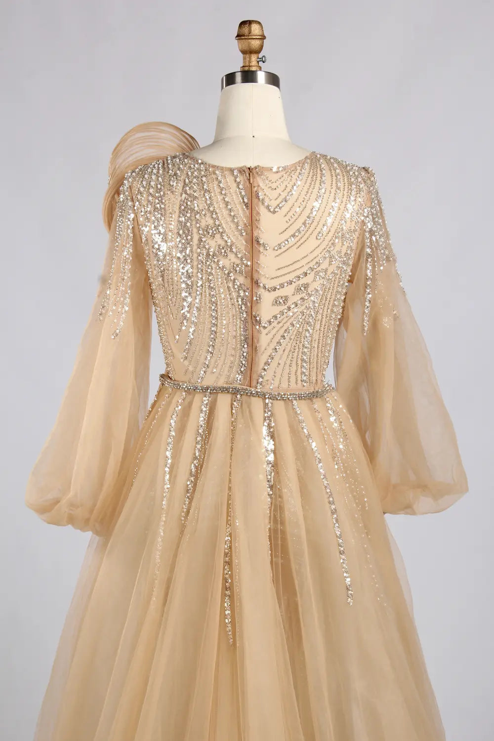 hampagne Gold Beaded Mermaid Evening Gown with Long Puff Sleeves MC183