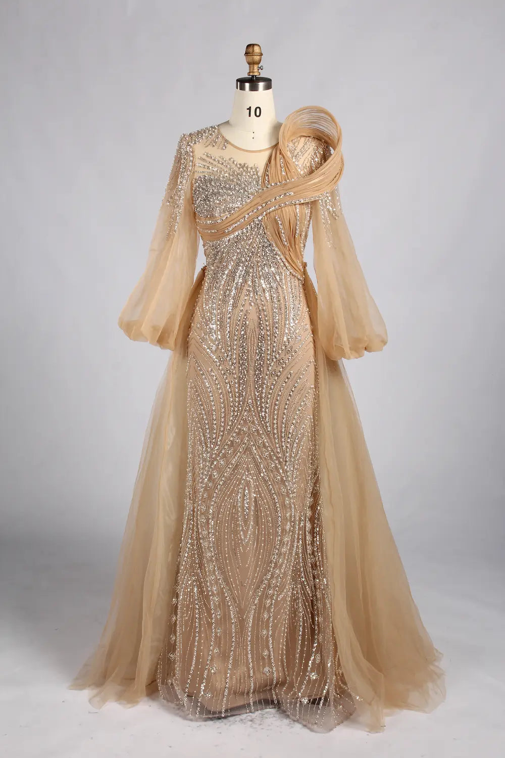 hampagne Gold Beaded Mermaid Evening Gown with Long Puff Sleeves MC183