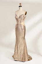 Set against a light backdrop, a mannequin presents a champagne - colored, beaded mermaid gown. It features a sweetheart neckline, cut - out sides, and intricate bead patterns radiating from the bodice. The shimmering beads and figure - hugging silhouette create a glamorous look, ideal for evening galas or proms.3