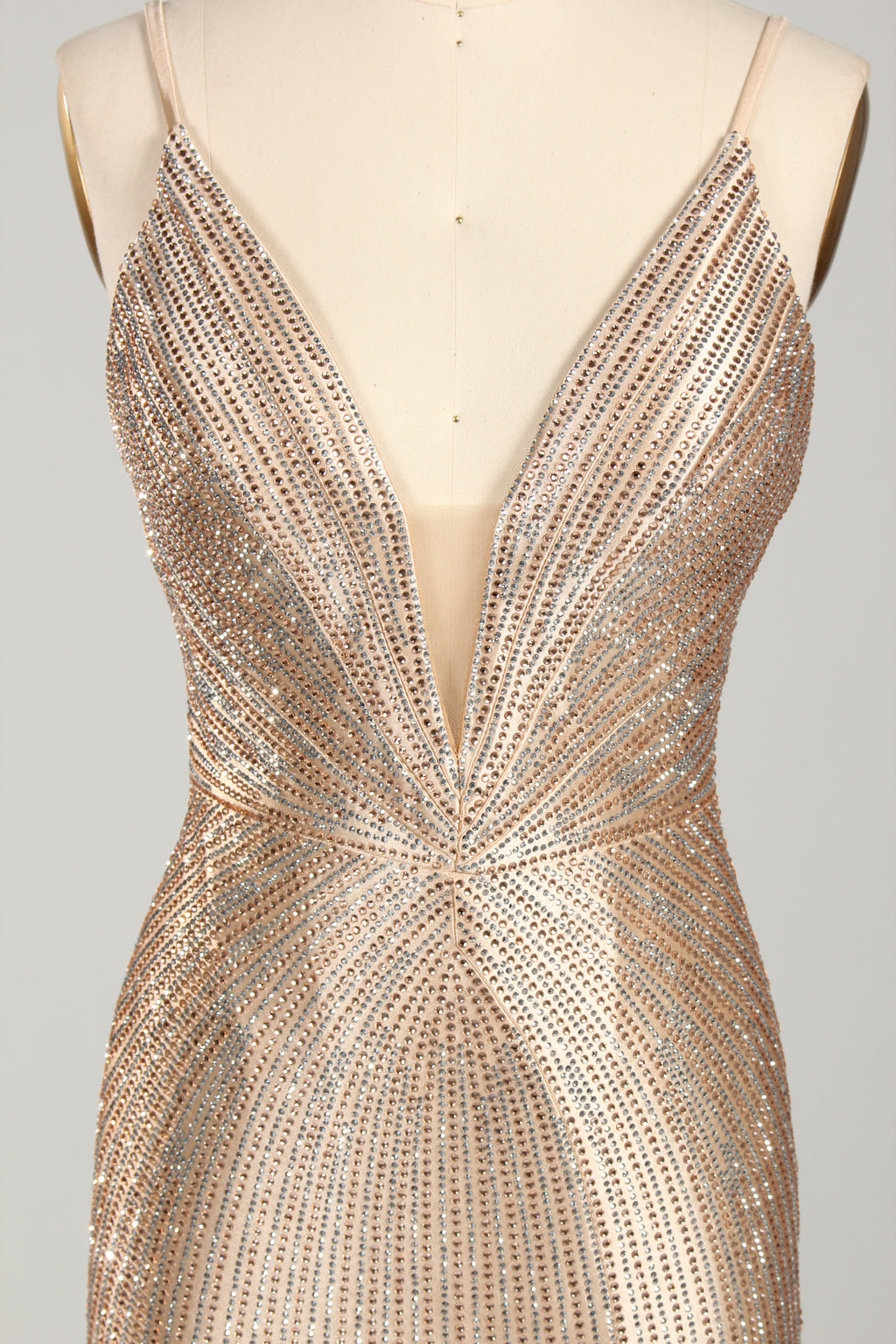 Wholesale Champagne Beaded Plunge Mermaid Prom Dress 33233