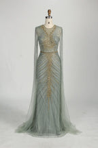 Sage Green Sequine Beaded Neckline Cape Sleeves Evening Dress MC153
