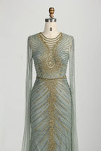 Sage Green Sequine Beaded Neckline Cape Sleeves Evening Dress MC153