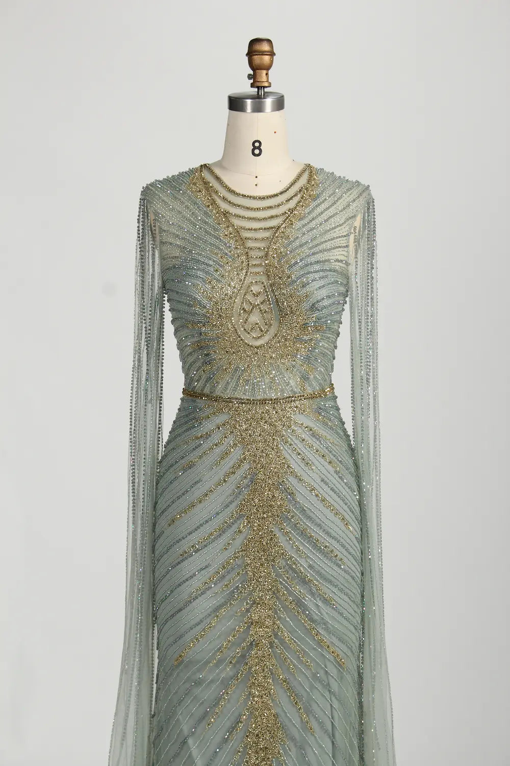 Sage Green Sequine Beaded Neckline Cape Sleeves Evening Dress MC153