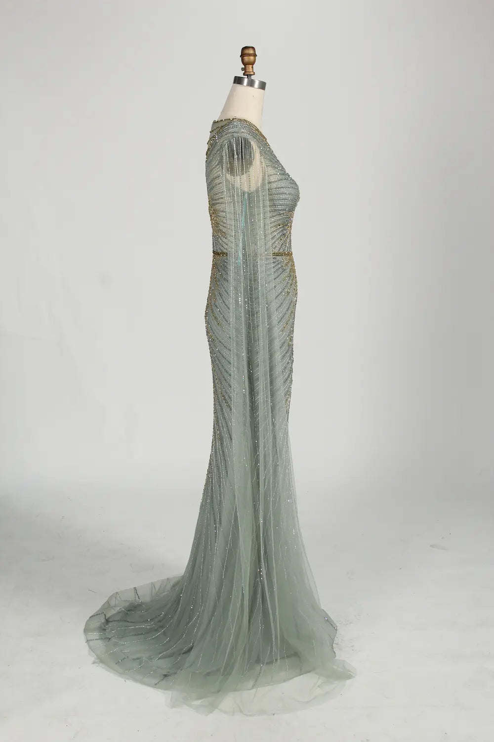 Sage Green Sequine Beaded Neckline Cape Sleeves Evening Dress MC153