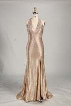 Wholesale Champagne Crystal - Embellished Halter Evening Gown 33263