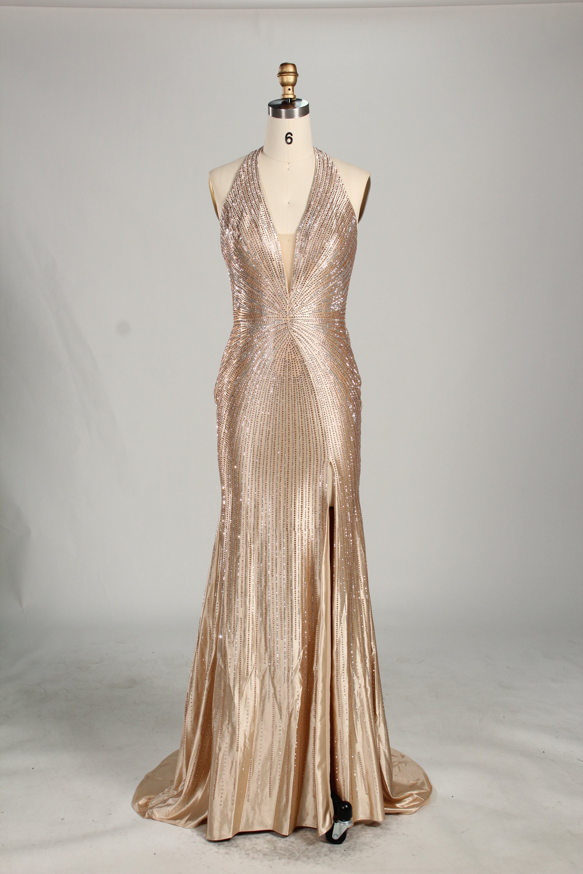 Wholesale Champagne Crystal - Embellished Halter Evening Gown 33263