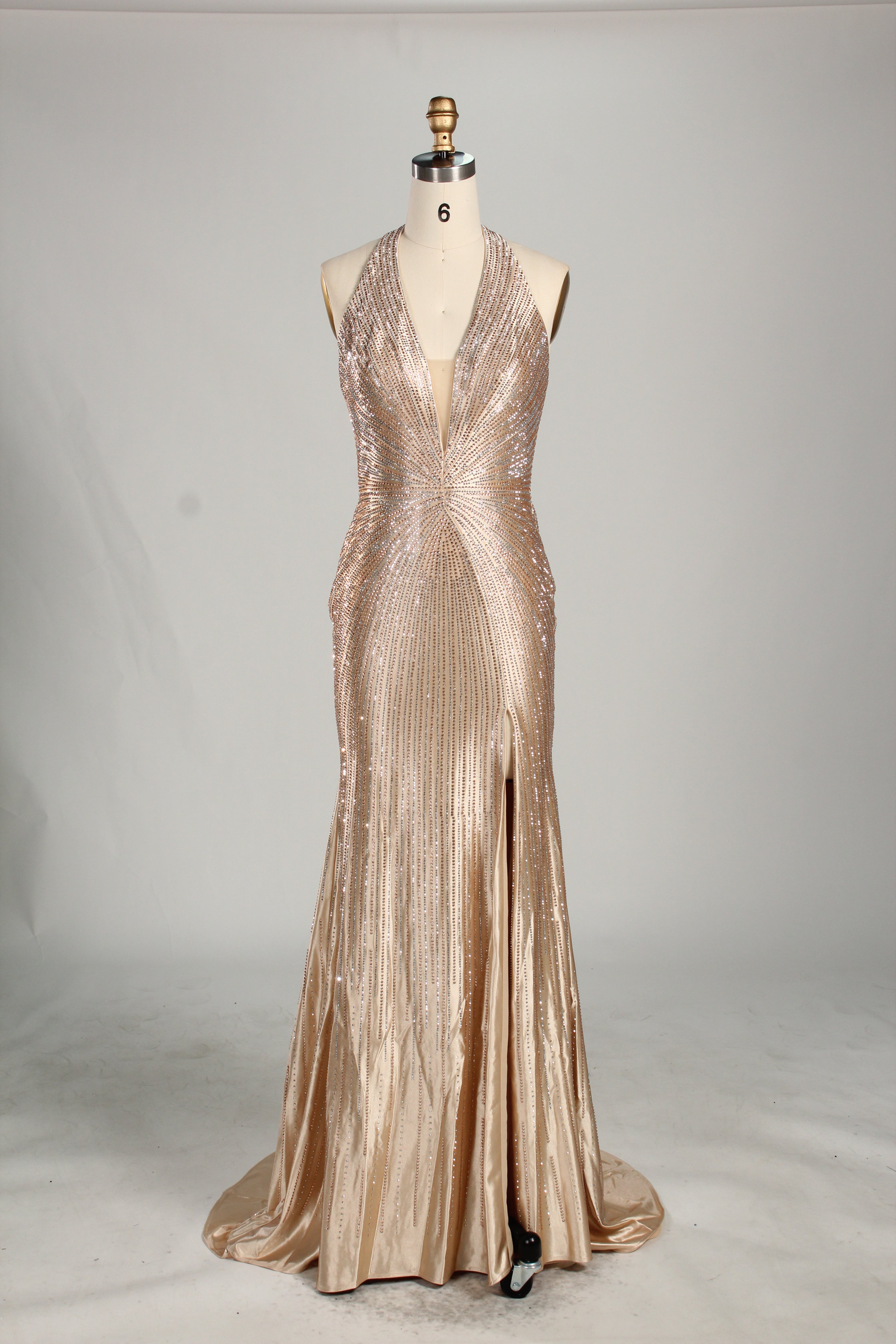 Wholesale Champagne Crystal - Embellished Halter Evening Gown 33263