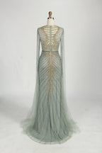 Sage Green Sequine Beaded Neckline Cape Sleeves Evening Dress MC153